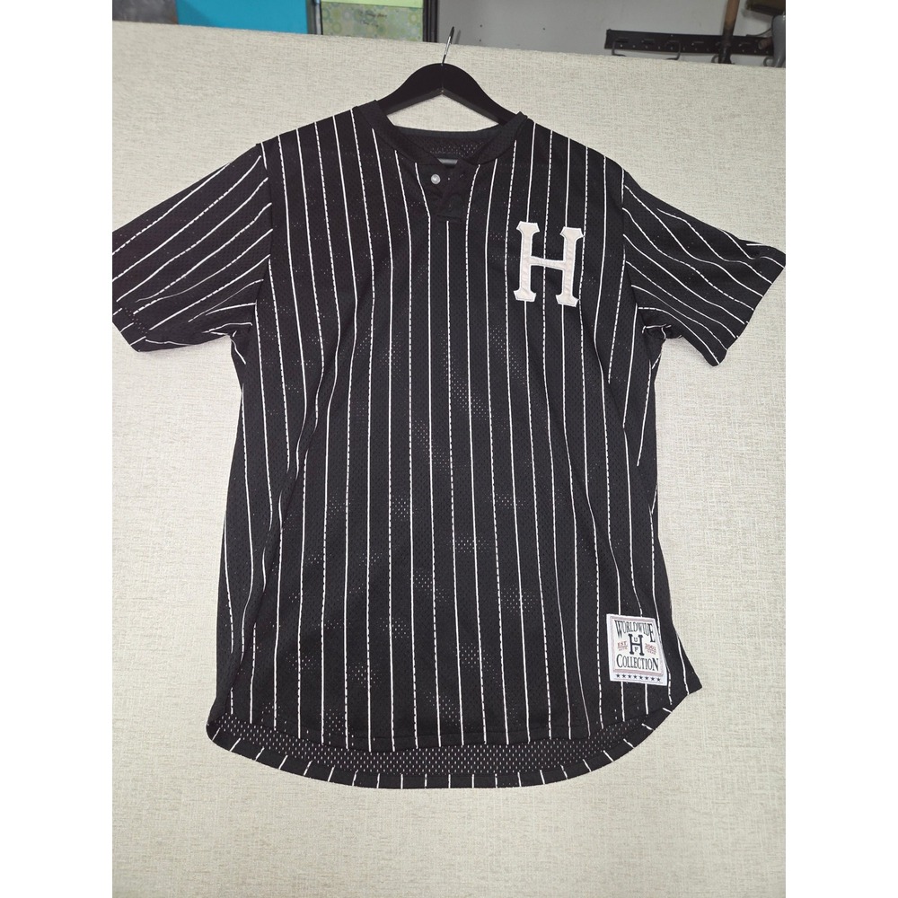 HUF Worldwide Black Pinstripe Mesh Baseball Jersey Mens Medium